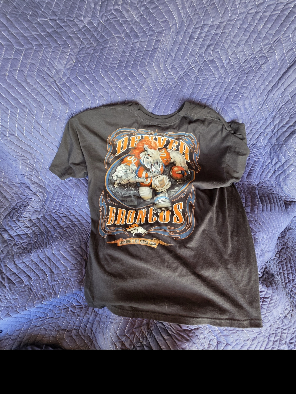 NFL Denver Broncos Black Tee with Orange & Blue Mascot Graphic